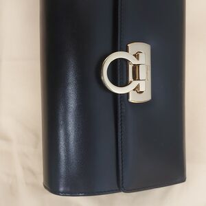 Salvatore Ferragamo Navy Leather Clutch with Gold Gancini Hardware